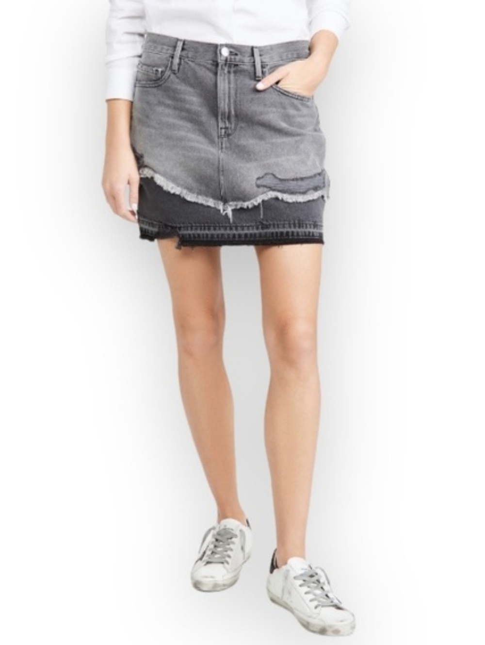 Frame Denim Gray Distressed Two-Tone Mini Skirt
